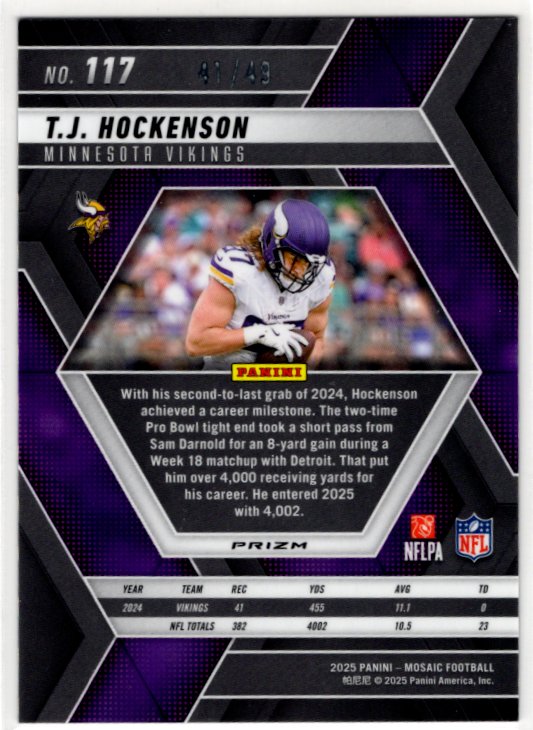T.J. Hockenson Panini Mosaic Reactive Purple Prizm Card #117 41/49