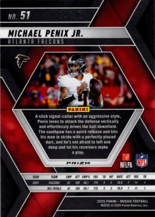 Michael Penix JR 2025 Panini Mosaic Disco Prizm Purple Card #51 37/50