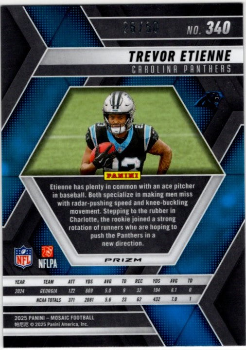 Trevor Etienne 2025 Panini Mosaic Disco Prizm Purple RC Card #340 26/50
