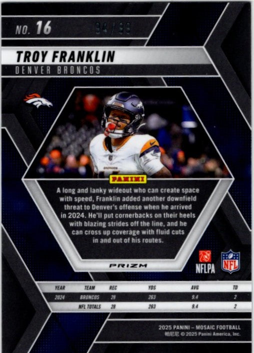 Troy Franklin 2025 Panini Mosaic Reactive Prizm Blue Card #16 94/99