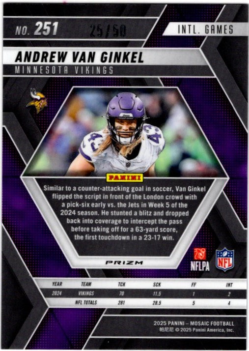 Andrew Van Ginkel 2025 Panini Mosaic England Games Prizm Purple Disco Card #251 25/50