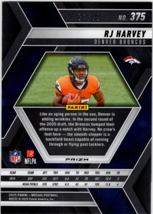 RJ Harvey 2025 Panini Mosaic Reactive Prizm Blue RC Card #375 31/99