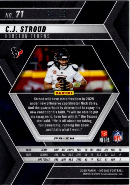 C.J. Stroud 2025 Panini Mosaic Reactive Prizm Blue Card #71 76/99