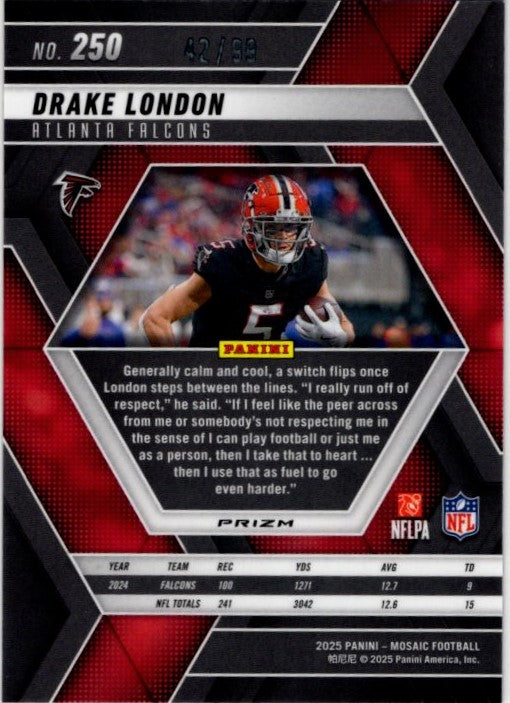 Drake London 2025 Panini Mosaic Disco Prizm Blue Card #250 42/99