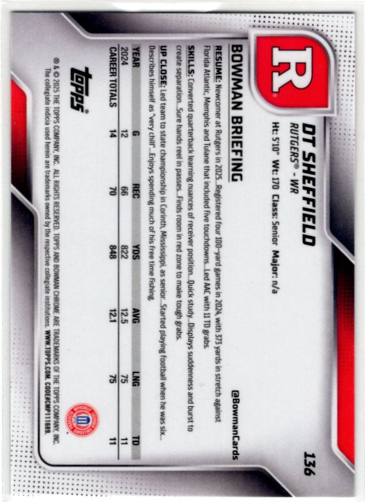 DT Sheffield 2025 Topps Bowman Chrome 1st Bowman Aqua Diamond Card #136 217/325