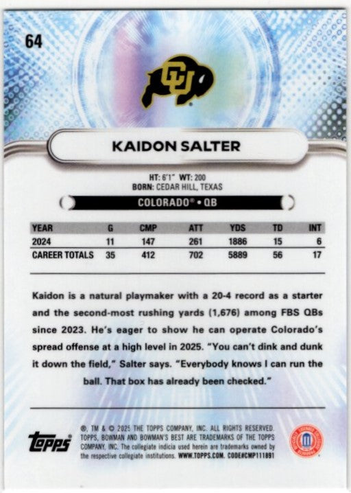 Kaidon Salter 2025 Topps Bowman Best University Blue Refractor Card #64 106/150
