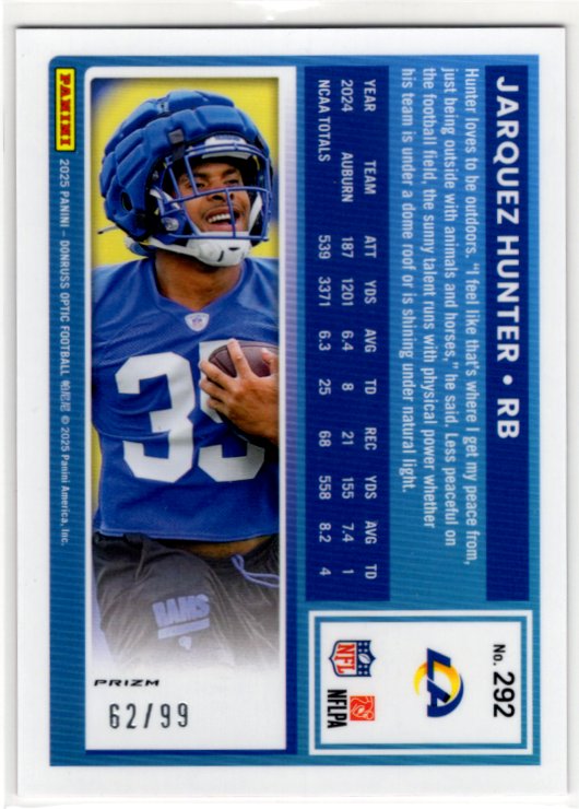 Jarquez Hunter 2025 Donruss Optic Rated Rookie Pink Prizm Card #352 62/99