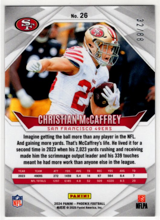 Christian McCaffrey 2025 Panini Phoenix Pink Fade Card #26 32/88