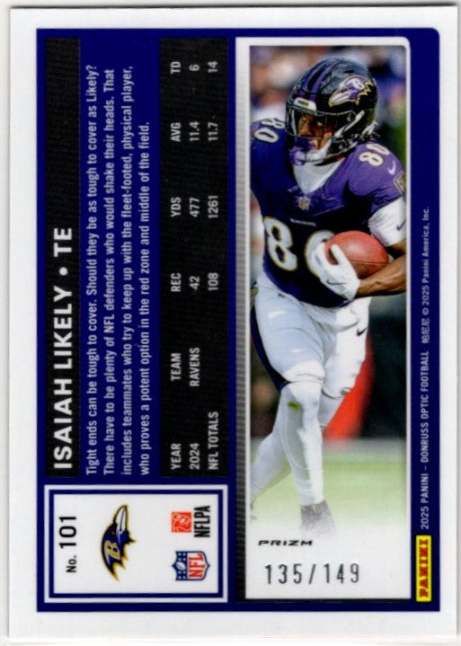 Isaiah Likely 2025 Donruss Optic Red Prizm Card #101 135/149