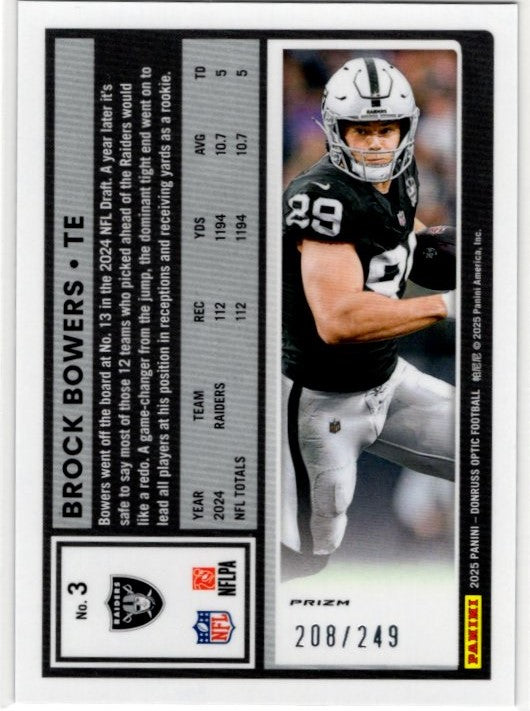 Brock Bowers 2025 Donruss Optic Blue Prizm Card #3 208/249