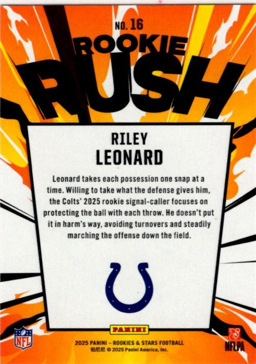 Riley Leonard 2025 Panini Rookies & Stars Rookie Rush Orange RC Card #16 074/125