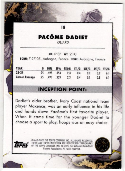 Pacome Dadiet 2024 - 2025 Topps Inception Purple RC Card #18 135/150