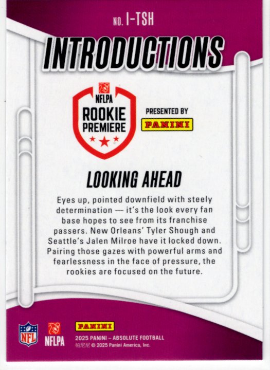 Tyler Shough / Jalen Milroe 2025 Panini Absolute Introductions NFLPA Rookie Premiere RC Card #I-TSH