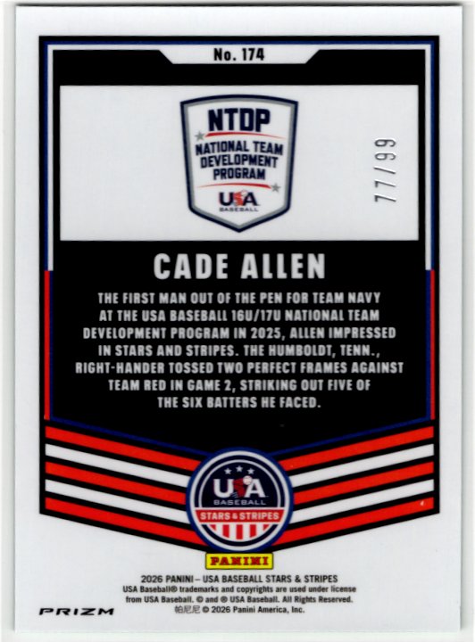 Cade Allen 2026 Panini Stars & Stripes Baseball Green Scope Prizm Card #174 77/99
