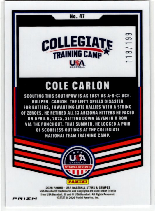 Cole Carlon 2026 Panini Stars & Stripes Baseball Purple Prizm Card #47 118/199