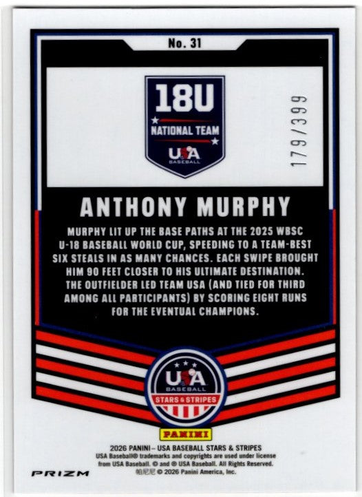 Anthony Murphy 2026 Panini Stars & Stripes Baseball Red Prizm Card #31 179/399