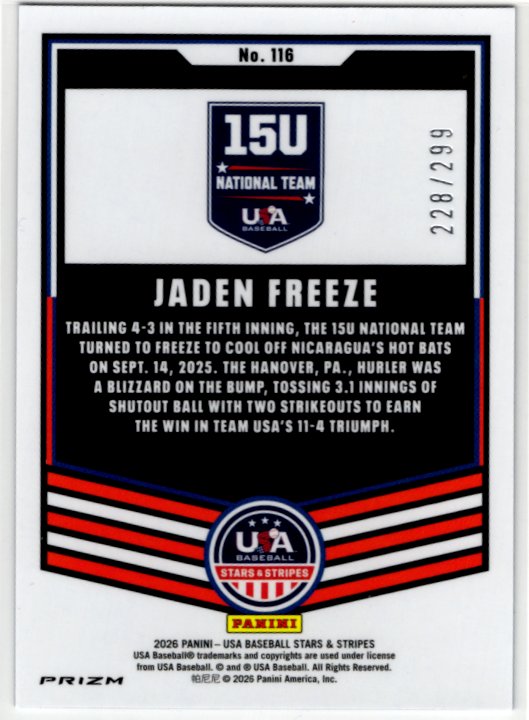 Jaden Freeze 2026 Panini Stars & Stripes Baseball Blue Prizm Card #116 228/299