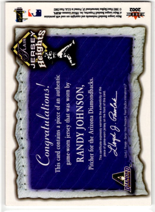 Randy Johnson 2002 Fleer Flair Jersey Heights Diamondbacks Game Jersey Card