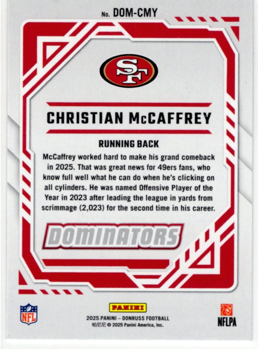 Christian McCaffrey 2025 Panini Donruss Dominators Card #DOM-CMY