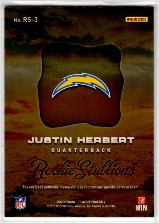 Justin Herbert 2020 Panini Playoff Rookie Stallions Jersey Card #RS-3