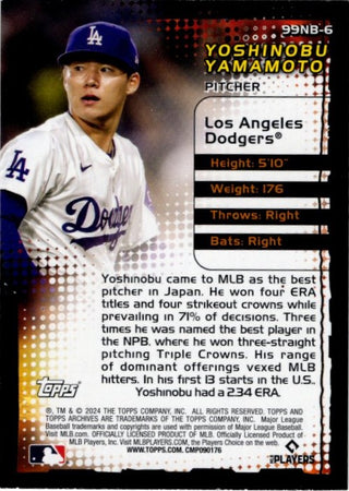 Yoshinobu Yamamoto 2024 Topps Archives New Breed RC Card #99NB-6