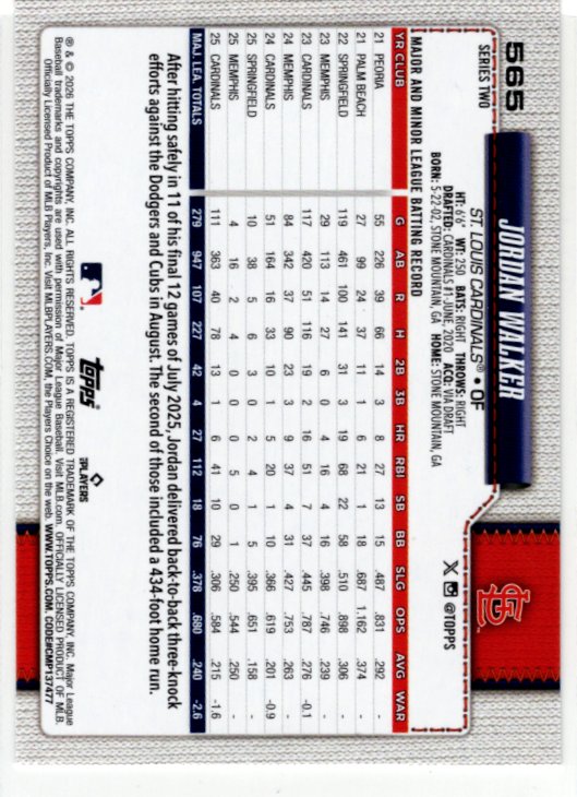 Jordan Walker 2026 Topps Series 2 Holofoil Card #565