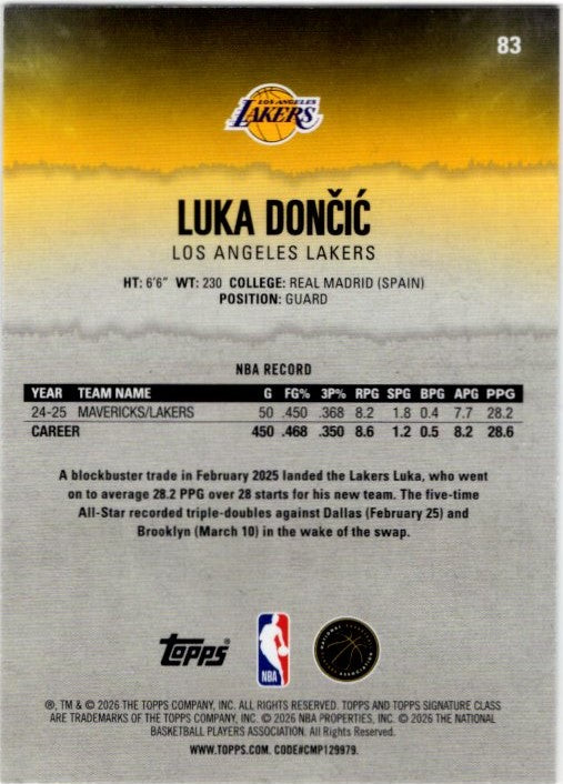 Luka Doncic 2026 Topps Signature Class Round 1 Pick 3 Blue & Orange Card # 83