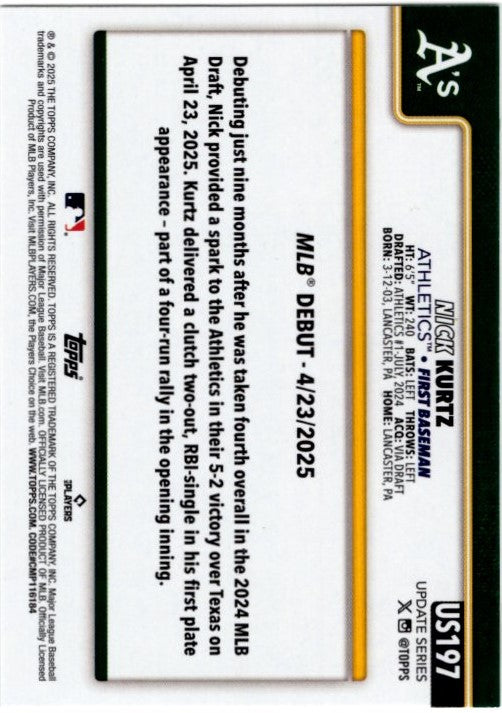 Nick Kurtz 2025 Topps Update Series RC Card #US197