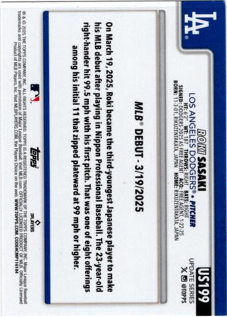 Roki Sasaki 2025 Topps Update Series RC Card #US199