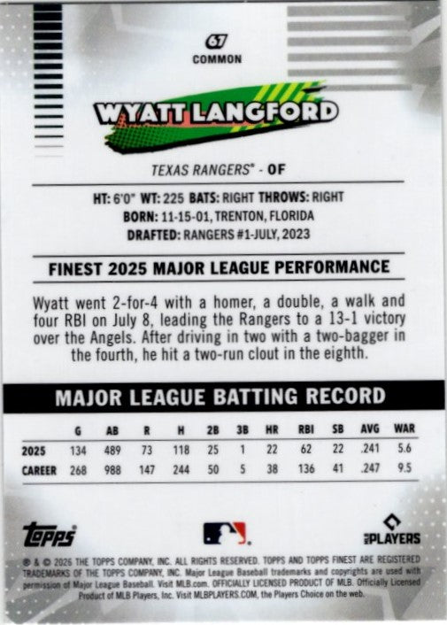 Wyatt Langford 2026 Topps Finest Common Blue Refractor Card #67 012/150