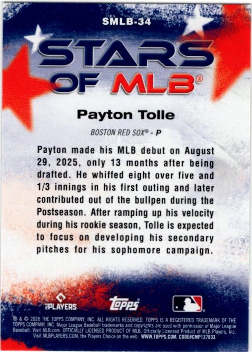 Payton Tolle 2026 Topps Series 2 Stars of MLB RC Card #SMLB-34