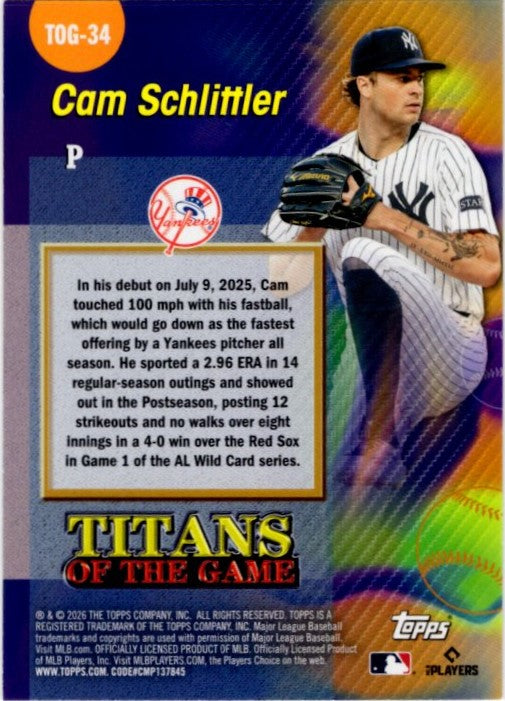 Cam Schlittler 2026 Topps Series 2 Insert RC Card #TOG-34