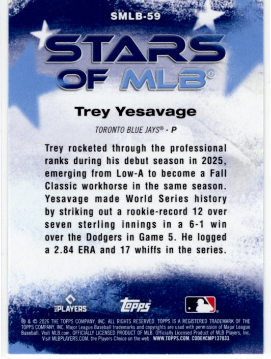 Trey Yesavage 2026 Topps Series 1 Insert Stars of MLB RC Card #SMLB-59
