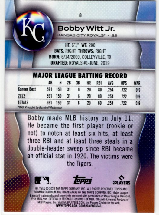 Bobby Witt Jr 2023 Bowman Platinum Card #8