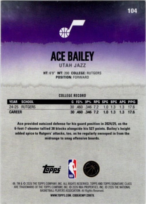 Ace Bailey 2026 Signature Class Round 1 Pick 5 RC Card #104