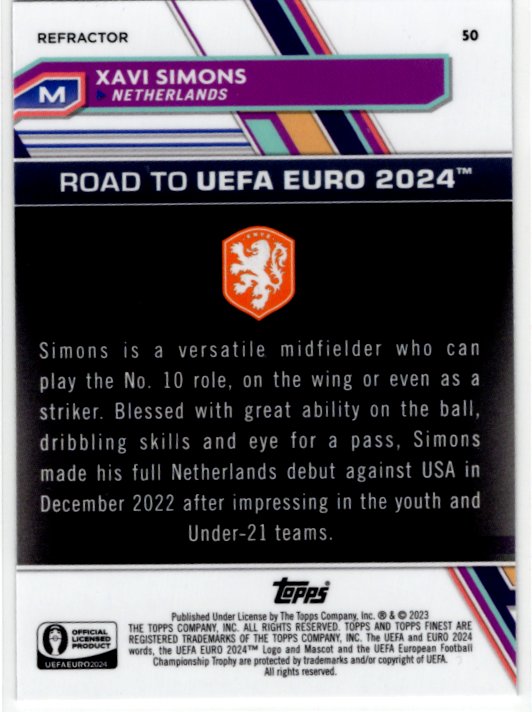 Xavi Simons 2023 Topps Finest Road to UEFA Silver Refractor Card #50