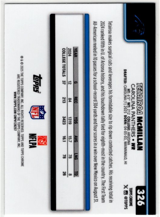 Tetairoa McMillan 2025 Topps Chrome RC Card #326