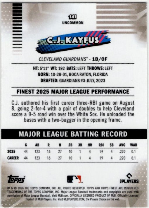 C.J. Kayfus 2026 Topps Finest Uncommon X-Fractor RC Card #141
