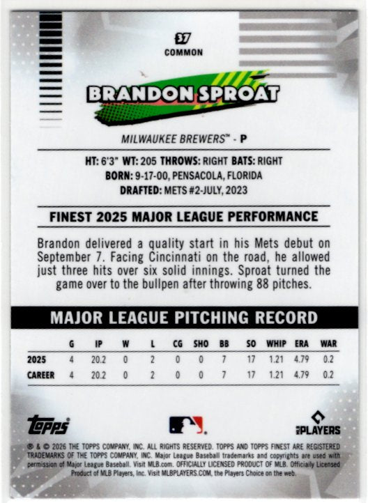 Brandon Sproat 2026 Topps Finest common X-Fractor RC Card #37
