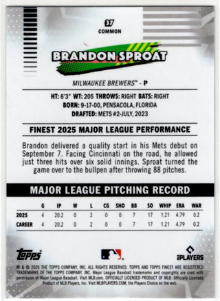 Brandon Sproat 2026 Topps Finest common X-Fractor RC Card #37