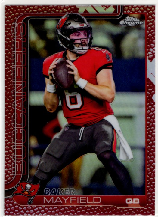 Baker Mayfield 2025 Topps Chrome Leather Parallel Refractor Card #281