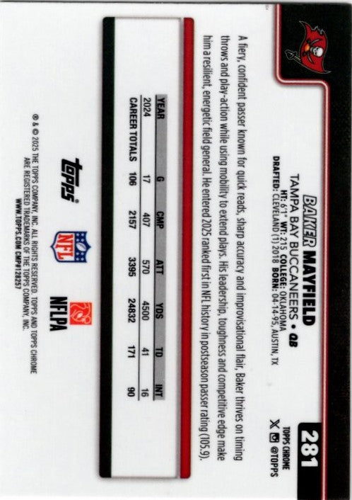 Baker Mayfield 2025 Topps Chrome Leather Parallel Refractor Card #281