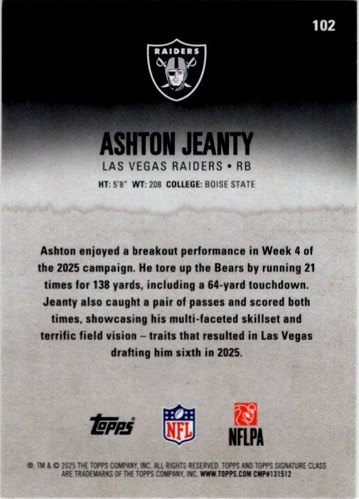 Ashton Jeanty 2025 Topps Signature Class Round 1 Pick 6 RC Card #102