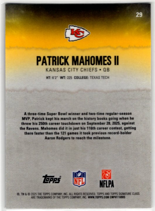 Patrick Mahomes II 2025 Topps Signature Class Round 1 Pick 10 Refractor RC Card #29