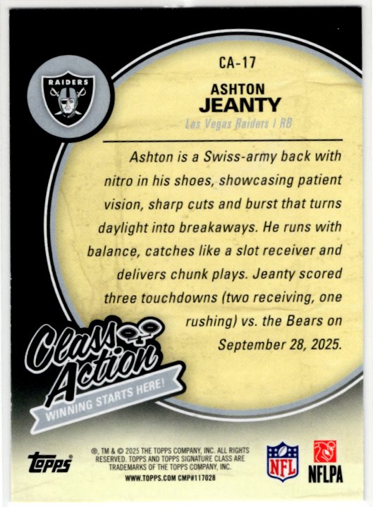 Ashton Jeanty Topps Signature Class 2025 Class Action RC Card #CA-17
