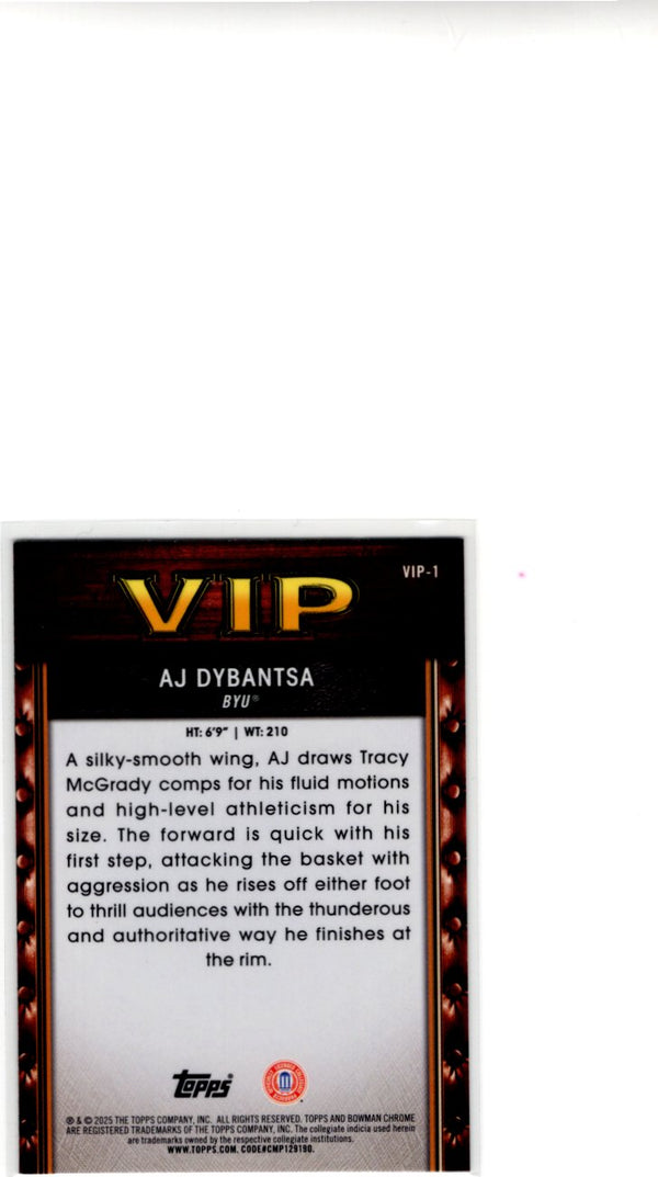 AJ Dybantsa 2025-26 Bowman Chrome VIP Card #VIP-1