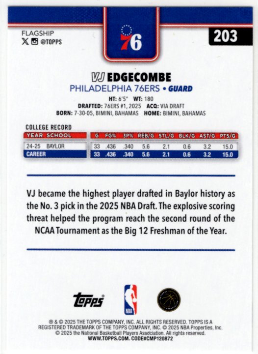 VJ Edgecombe 2025 Topps Flagship RC Card #203