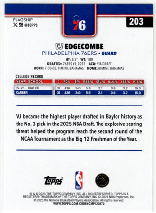 VJ Edgecombe 2025 Topps Flagship RC Card #203