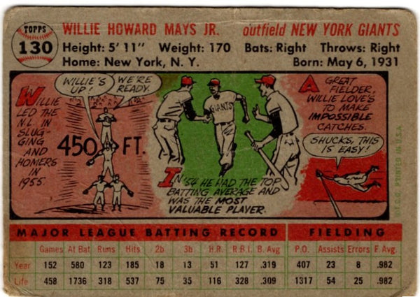 Willie Mays 1956 Topps HOF Vintage Card #130