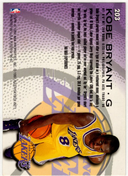 Kobe Bryant 1996 Fleer Rookie Card #203
